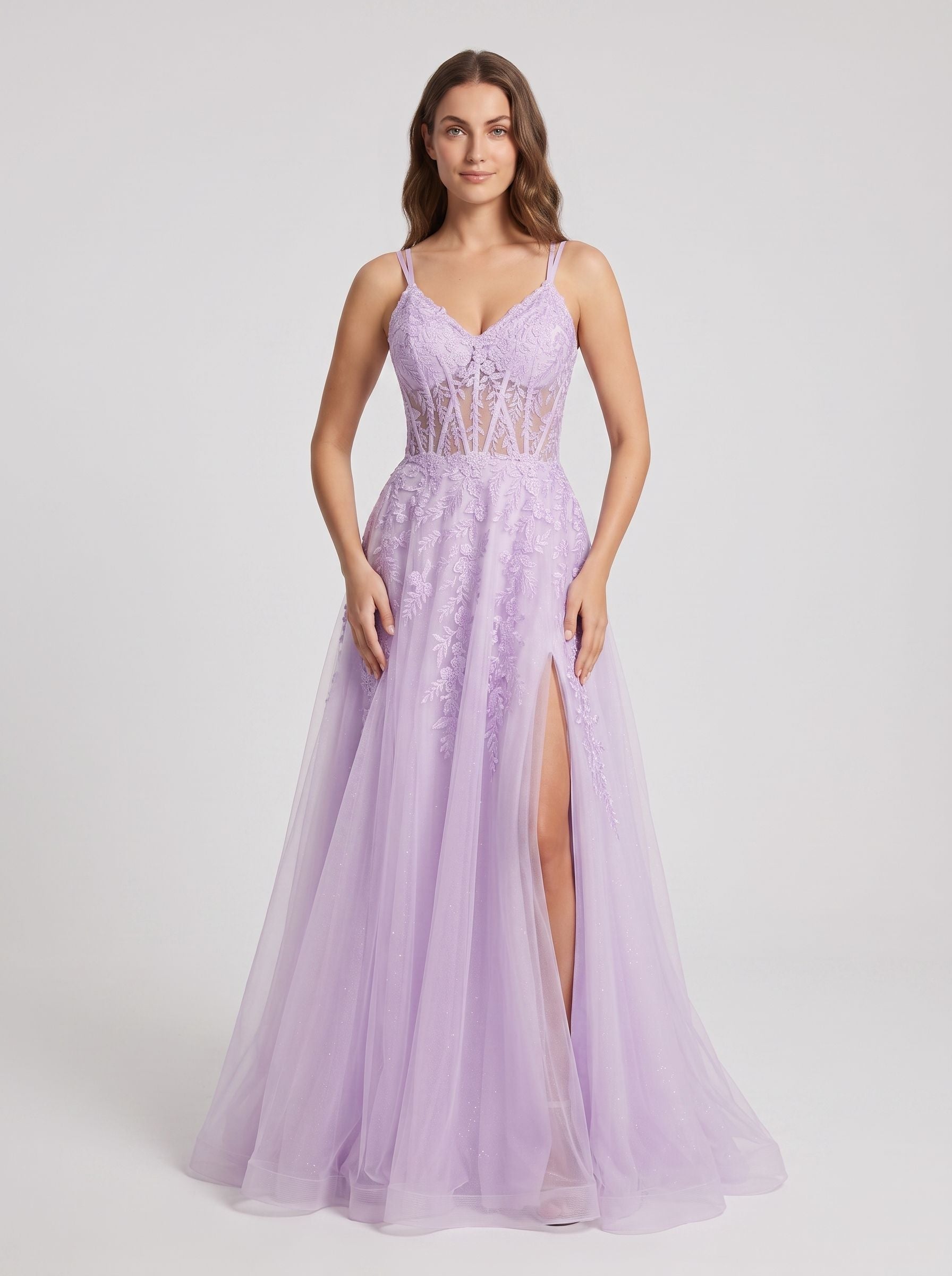Lilac Tulle A-Line V-Neck Lace-up Floor-Length Dress with Sheer Corset Bodice and Side Slit - Curvevia