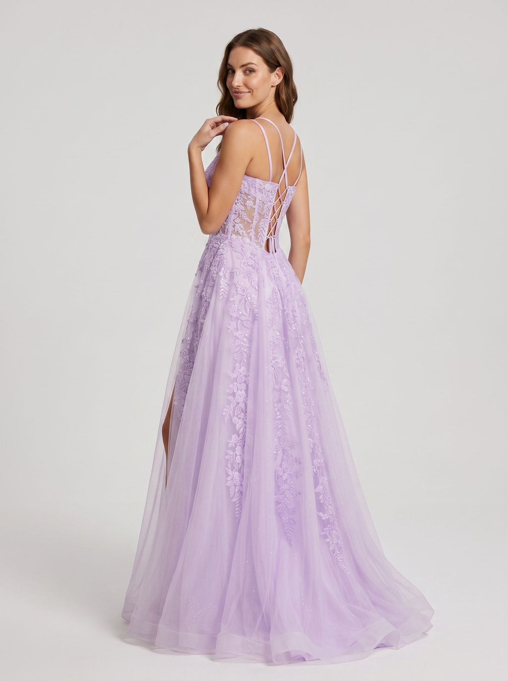 Lilac Tulle A-Line V-Neck Lace-up Floor-Length Dress with Sheer Corset Bodice and Side Slit - Curvevia