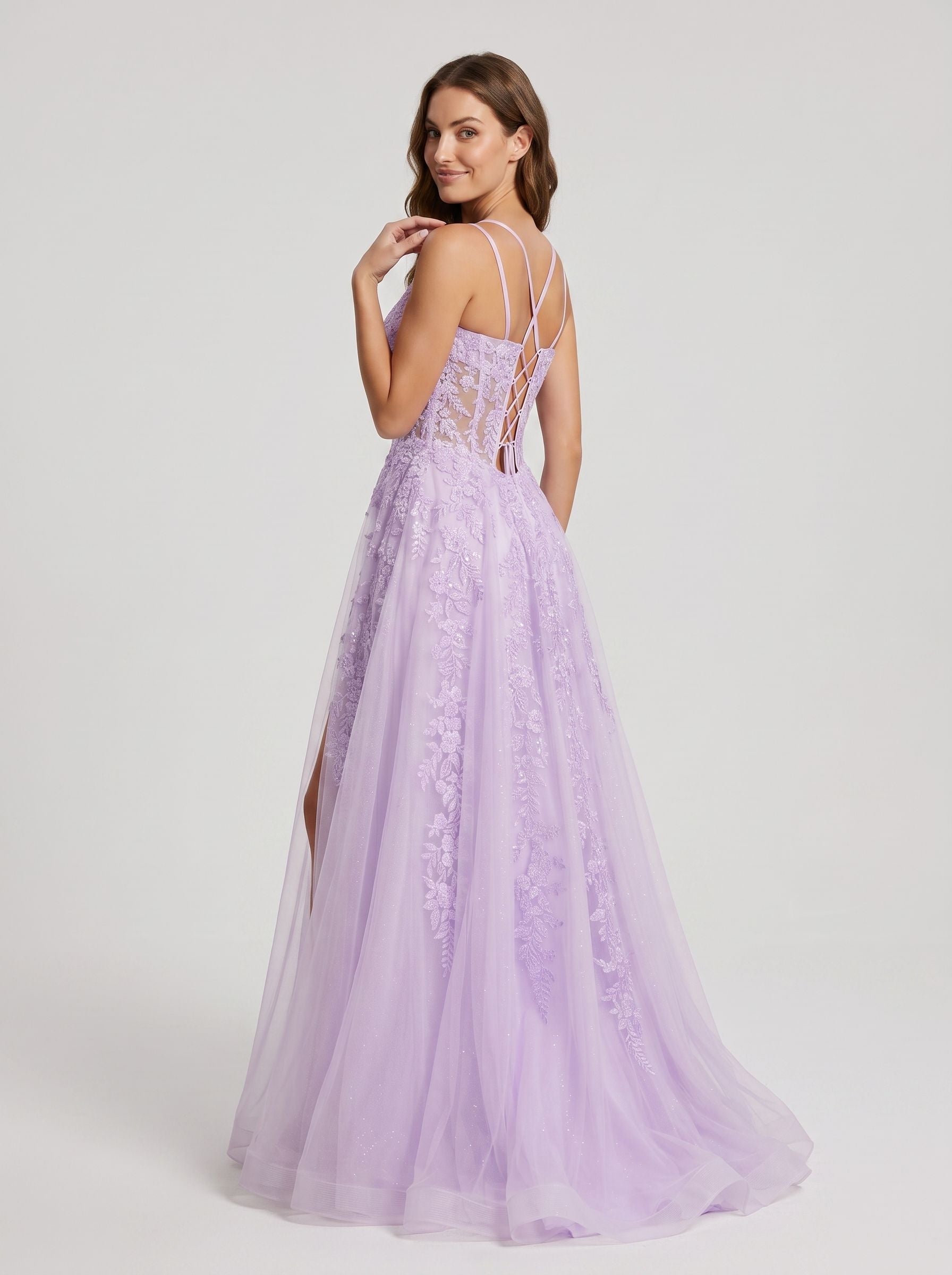 Lilac Tulle A-Line V-Neck Lace-up Floor-Length Dress with Sheer Corset Bodice and Side Slit - Curvevia