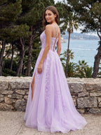 Lilac Tulle A-Line V-Neck Lace-up Floor-Length Dress with Sheer Corset Bodice and Side Slit - Curvevia