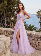 Lilac Tulle A-Line V-Neck Lace-up Floor-Length Dress with Sheer Corset Bodice and Side Slit - Curvevia
