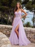 Lilac Tulle A-Line V-Neck Lace-up Floor-Length Dress with Sheer Corset Bodice and Side Slit - Curvevia