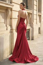Mermaid Sage Halter Corset Long Evening Dress with Rosette Embellishment - Curvevia