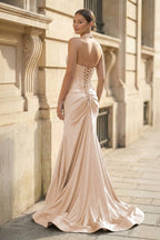 Mermaid Sage Halter Corset Long Evening Dress with Rosette Embellishment - Curvevia