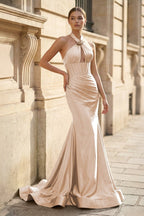 Mermaid Sage Halter Corset Long Evening Dress with Rosette Embellishment - Curvevia
