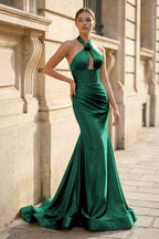 Mermaid Sage Halter Corset Long Evening Dress with Rosette Embellishment - Curvevia