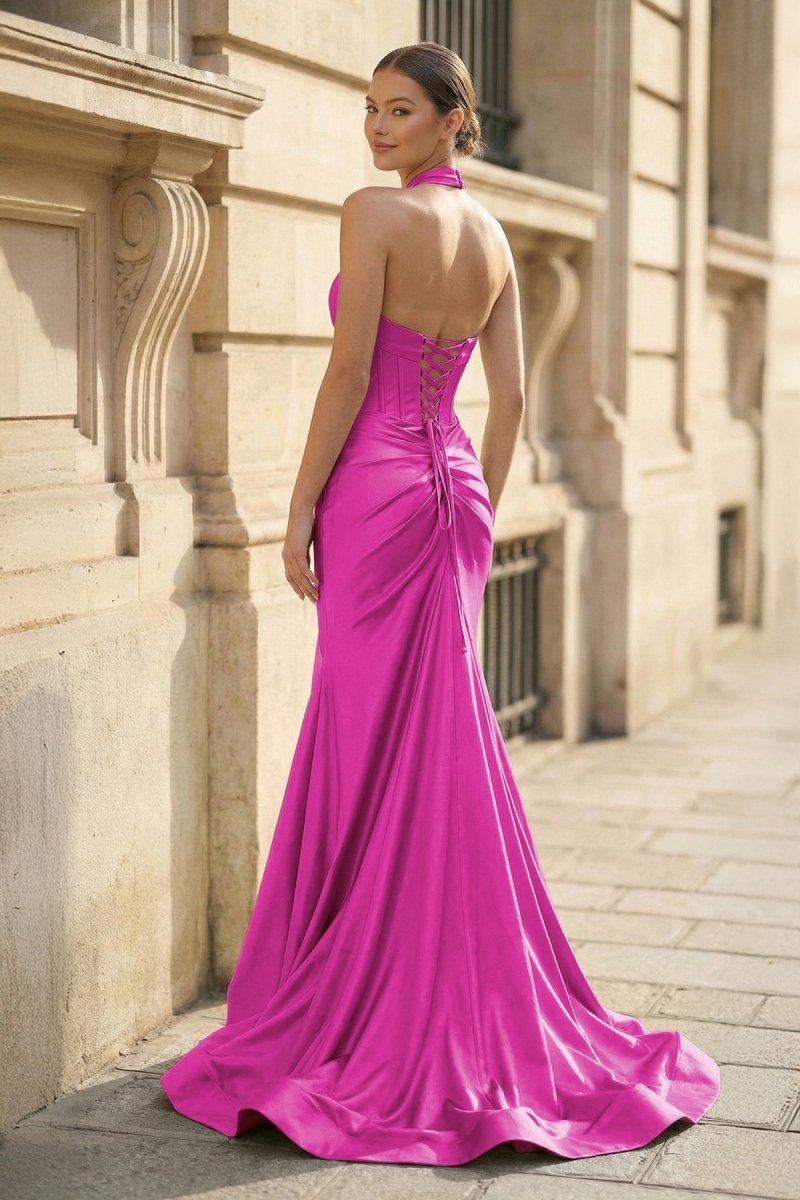 Mermaid Sage Halter Corset Long Evening Dress with Rosette Embellishment - Curvevia