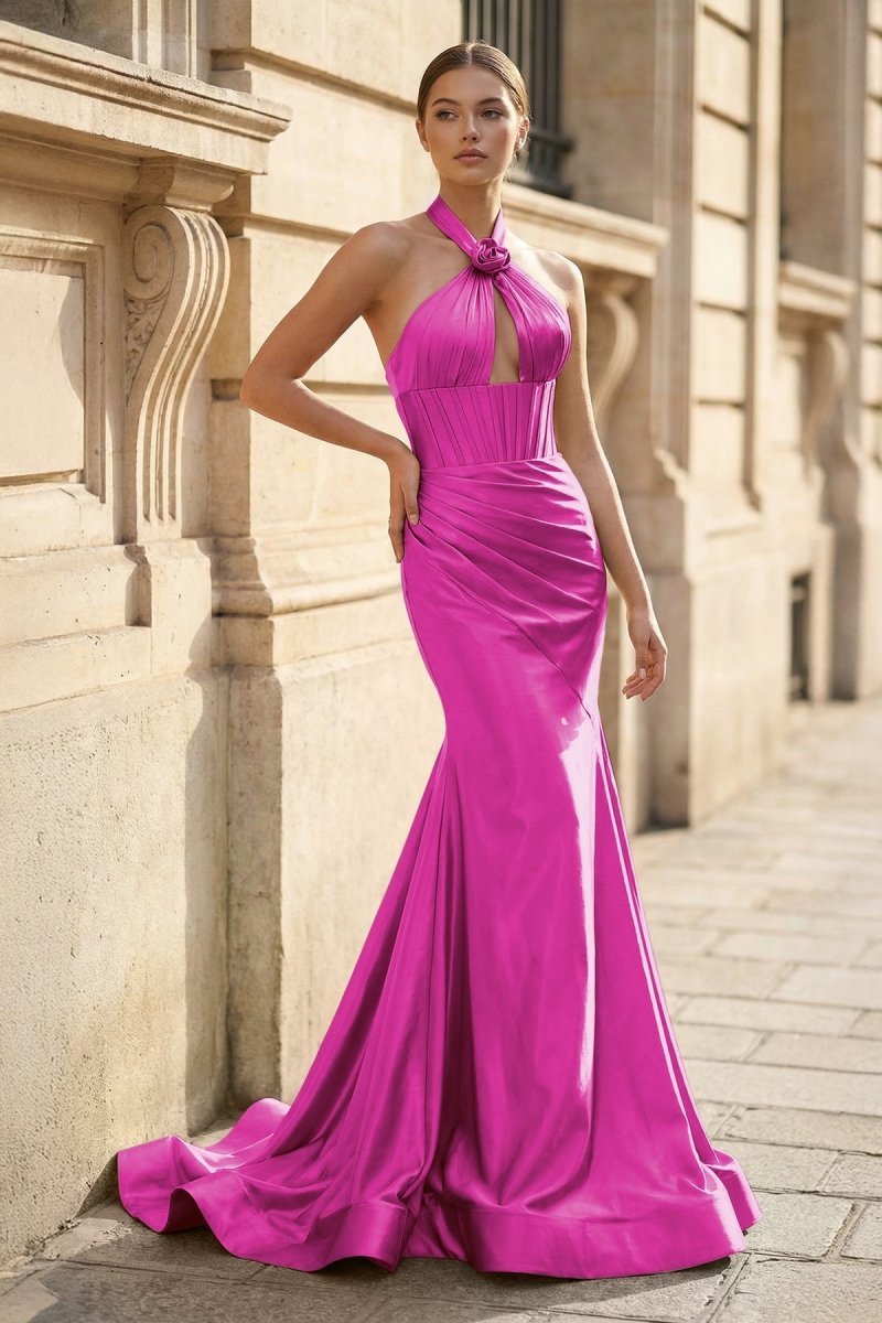 Mermaid Sage Halter Corset Long Evening Dress with Rosette Embellishment - Curvevia