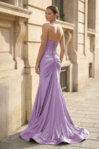 Mermaid Sage Halter Corset Long Evening Dress with Rosette Embellishment - Curvevia
