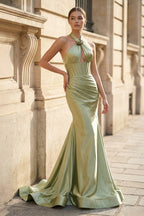 Mermaid Sage Halter Corset Long Evening Dress with Rosette Embellishment - Curvevia