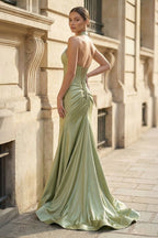 Mermaid Sage Halter Corset Long Evening Dress with Rosette Embellishment - Curvevia