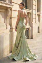 Mermaid Sage Halter Corset Long Evening Dress with Rosette Embellishment - Curvevia