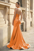 Mermaid Sage Halter Corset Long Evening Dress with Rosette Embellishment - Curvevia