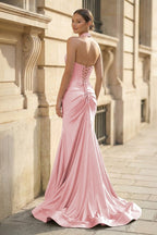 Mermaid Sage Halter Corset Long Evening Dress with Rosette Embellishment - Curvevia