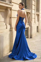 Mermaid Sage Halter Corset Long Evening Dress with Rosette Embellishment - Curvevia