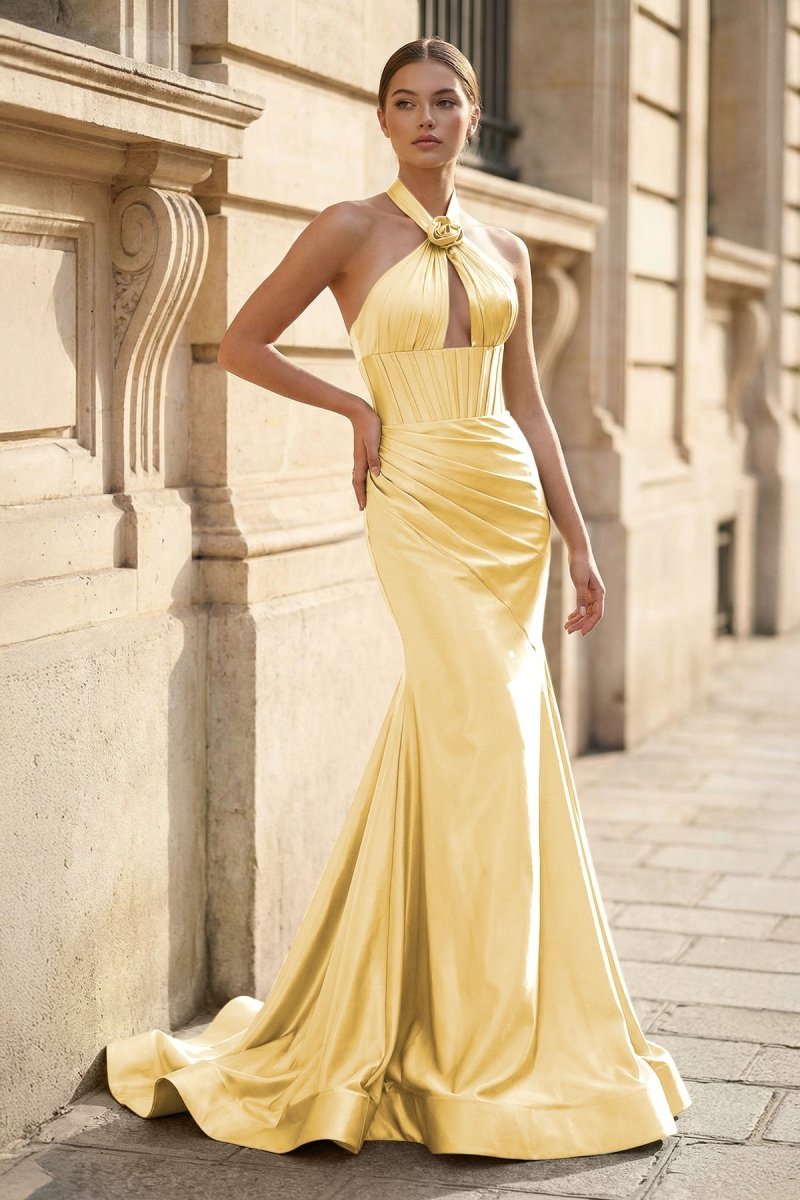 Mermaid Sage Halter Corset Long Evening Dress with Rosette Embellishment - Curvevia