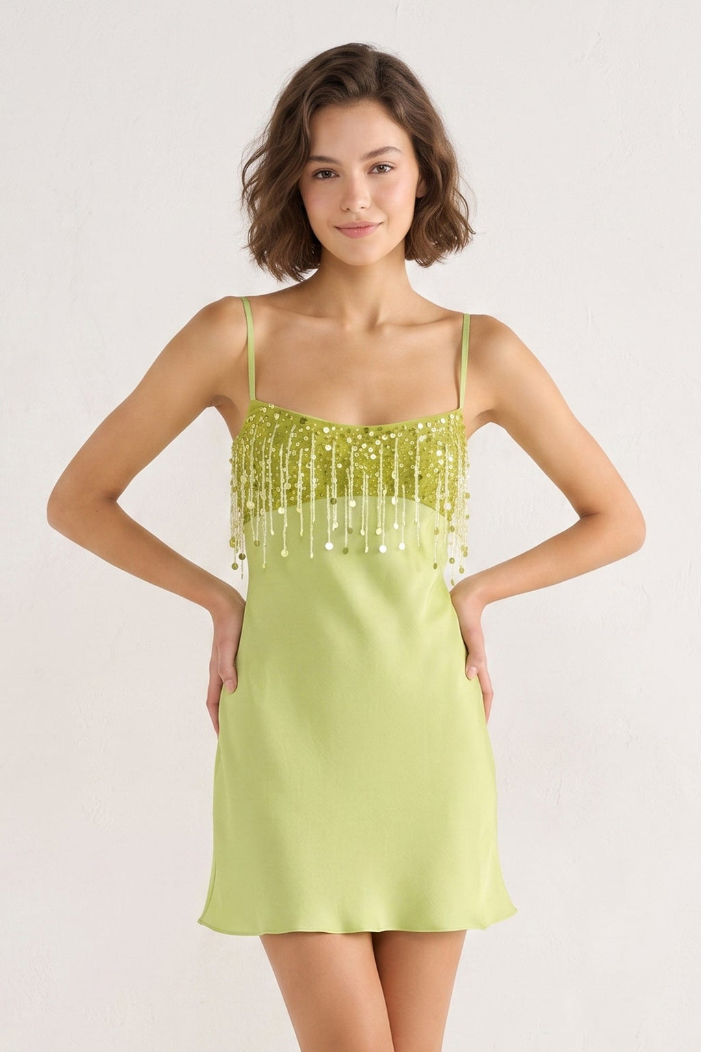 Lime Green Sheath Fringed Satin Homecoming Dress With Sequins - Curvevia