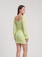 Green Stretch Knit Sheath Sweetheart Back Zip Short Dress with Puff Sleeves - Curvevia