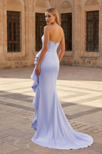 Pink Mermaid Strapless Satin Ruffled Long Prom Dresses with Slit - Curvevia