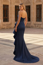 Pink Mermaid Strapless Satin Ruffled Long Prom Dresses with Slit - Curvevia