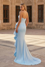Pink Mermaid Strapless Satin Ruffled Long Prom Dresses with Slit - Curvevia