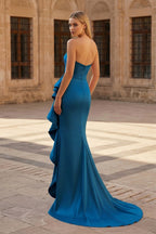 Pink Mermaid Strapless Satin Ruffled Long Prom Dresses with Slit - Curvevia