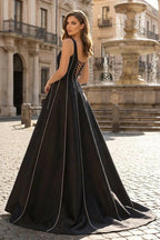 Black A-Line Straps Square Beads Pleated Long Wedding Guest Dress - Curvevia
