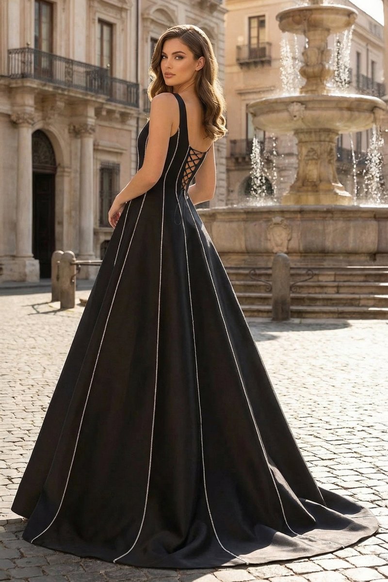 Black A-Line Straps Square Beads Pleated Long Wedding Guest Dress - Curvevia
