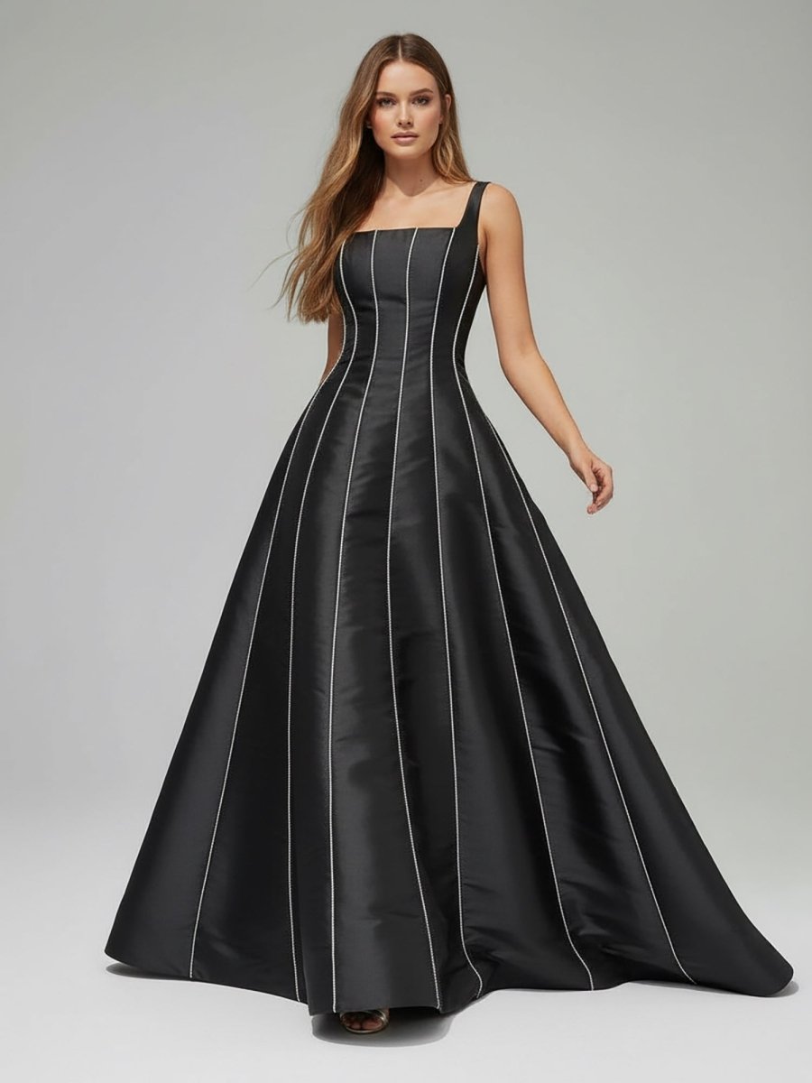 Black A-Line Straps Square Beads Pleated Long Wedding Guest Dress - Curvevia