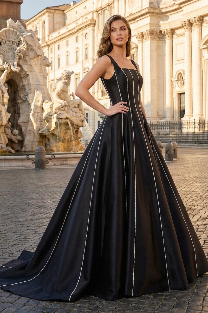 Black A-Line Straps Square Beads Pleated Long Wedding Guest Dress - Curvevia