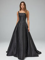 Black A-Line Straps Square Beads Pleated Long Wedding Guest Dress - Curvevia