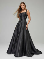 Black A-Line Straps Square Beads Pleated Long Wedding Guest Dress - Curvevia