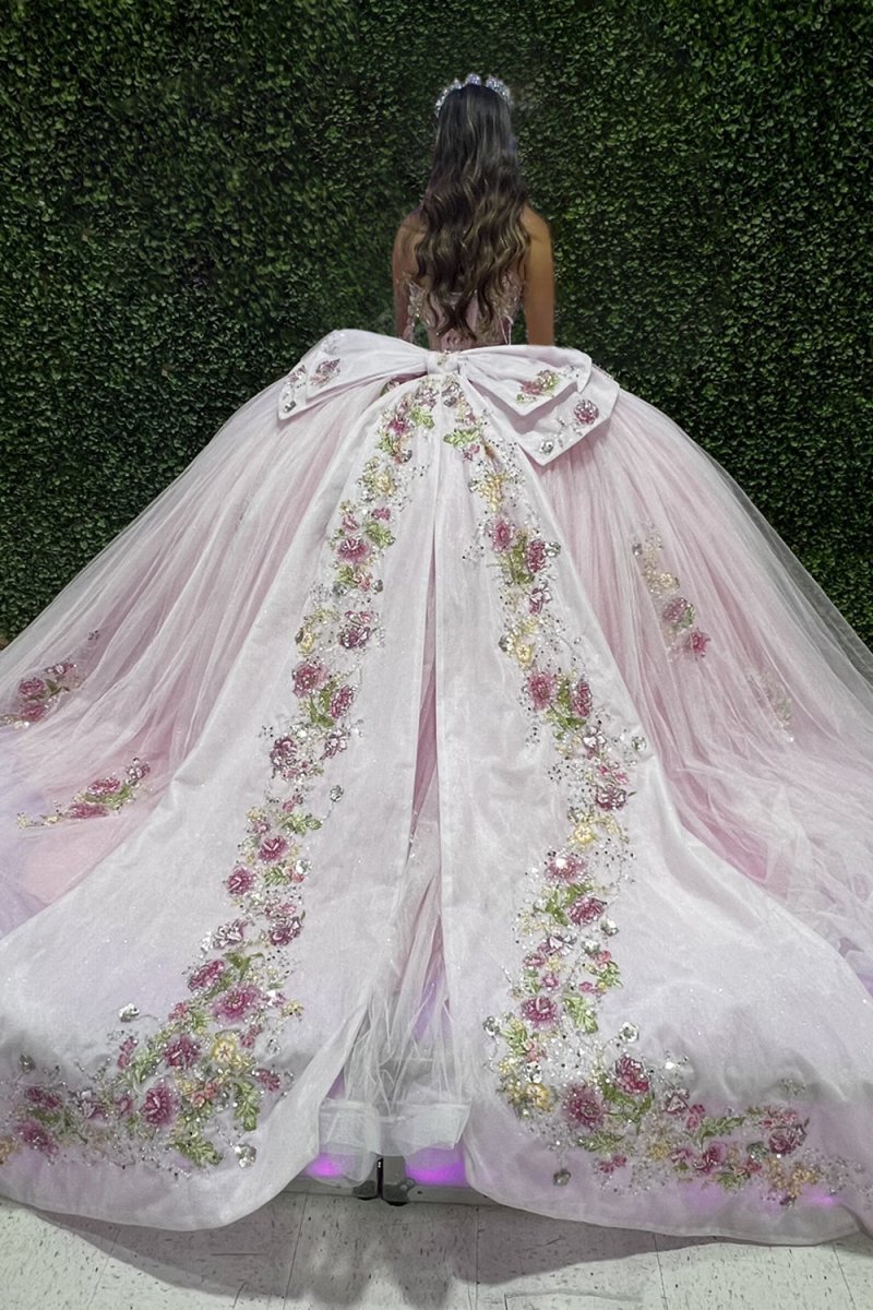 Pink - Off-The-Shoulder Tulle Appliqued Quinceanera Dress With Bow - Curvevia