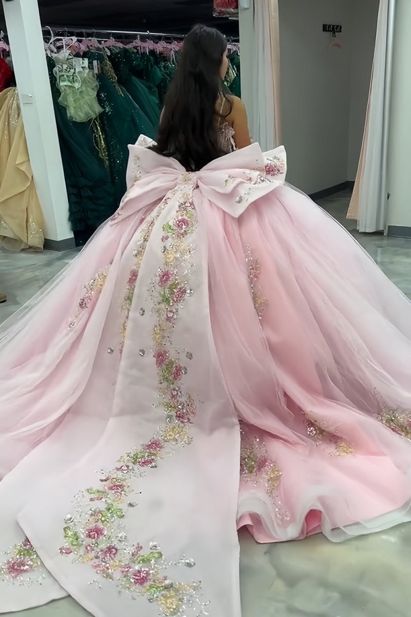 Pink - Off-The-Shoulder Tulle Appliqued Quinceanera Dress With Bow - Curvevia
