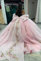 Pink - Off-The-Shoulder Tulle Appliqued Quinceanera Dress With Bow - Curvevia