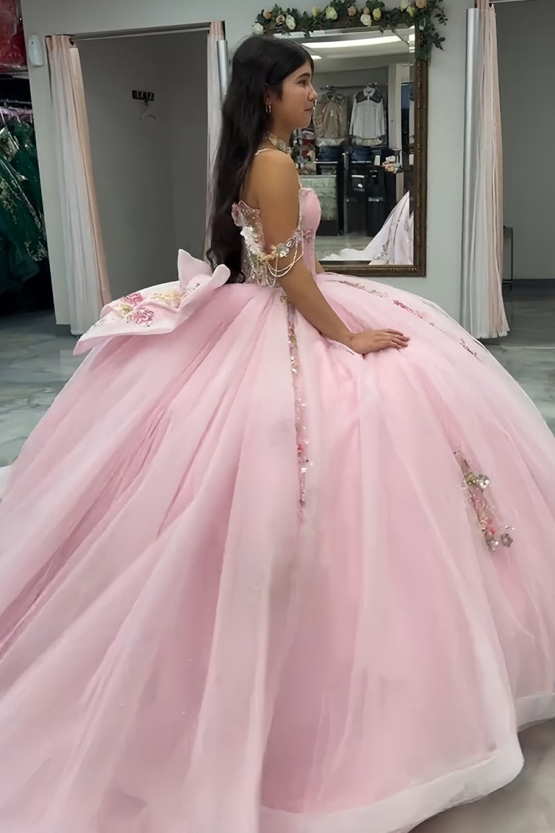Pink - Off-The-Shoulder Tulle Appliqued Quinceanera Dress With Bow - Curvevia