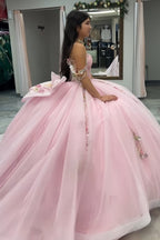 Pink - Off-The-Shoulder Tulle Appliqued Quinceanera Dress With Bow - Curvevia