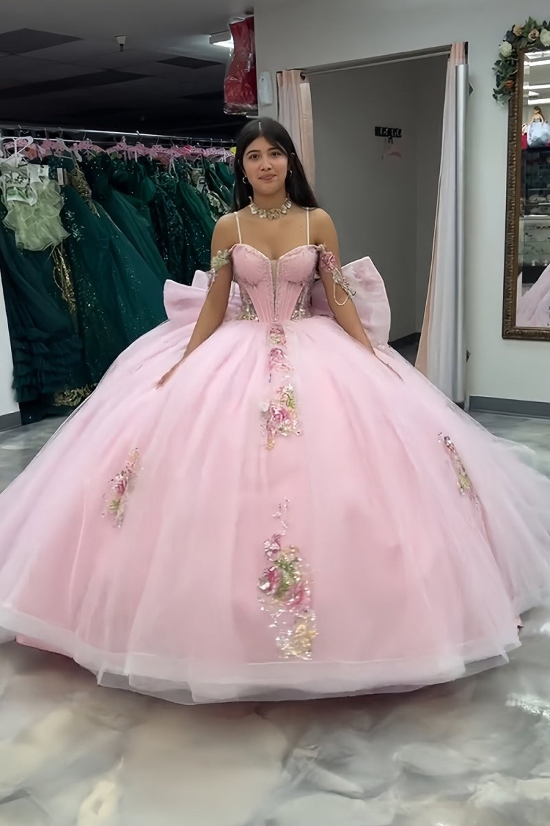 Pink - Off-The-Shoulder Tulle Appliqued Quinceanera Dress With Bow - Curvevia