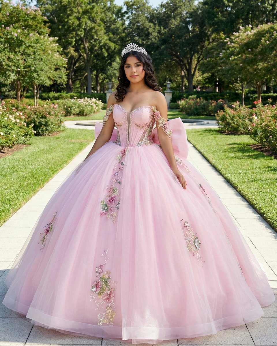 Pink - Off-The-Shoulder Tulle Appliqued Quinceanera Dress With Bow - Curvevia