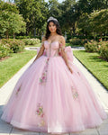 Pink - Off-The-Shoulder Tulle Appliqued Quinceanera Dress With Bow - Curvevia