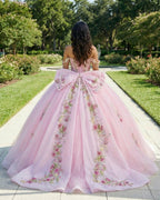 Pink - Off-The-Shoulder Tulle Appliqued Quinceanera Dress With Bow - Curvevia