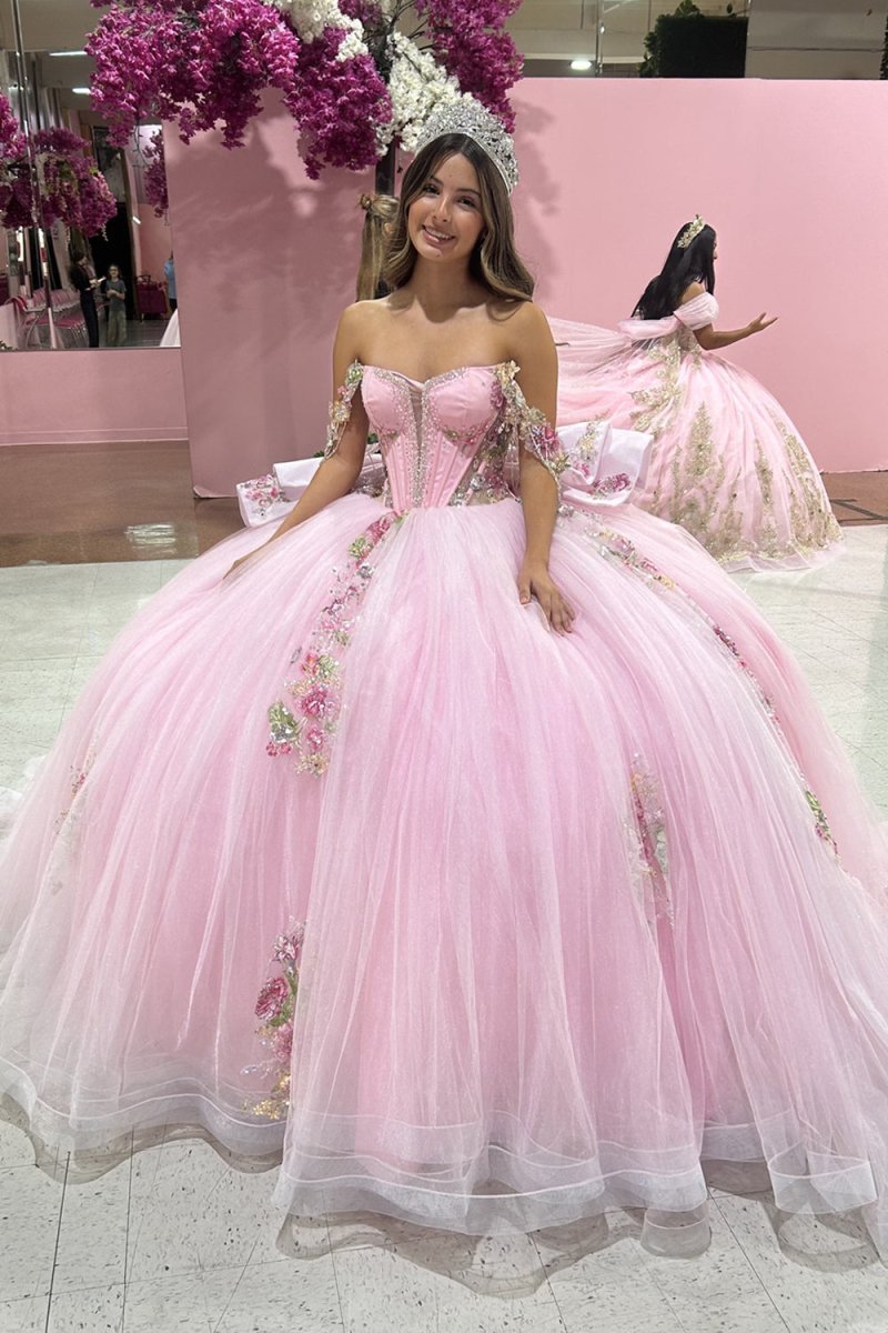 Pink - Off-The-Shoulder Tulle Appliqued Quinceanera Dress With Bow - Curvevia