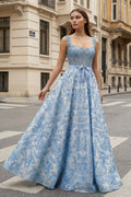 Blue Square Neck A Line Lace Beaded Wedding Guest Dress With Appliques - Curvevia