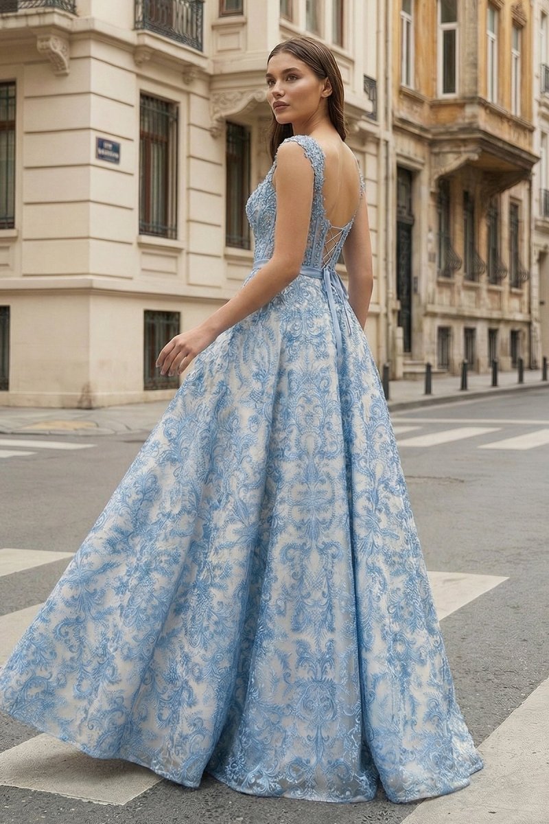Blue Square Neck A Line Lace Beaded Wedding Guest Dress With Appliques - Curvevia