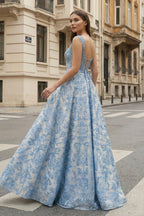 Blue Square Neck A Line Lace Beaded Wedding Guest Dress With Appliques - Curvevia