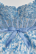 Blue Square Neck A Line Lace Beaded Wedding Guest Dress With Appliques - Curvevia