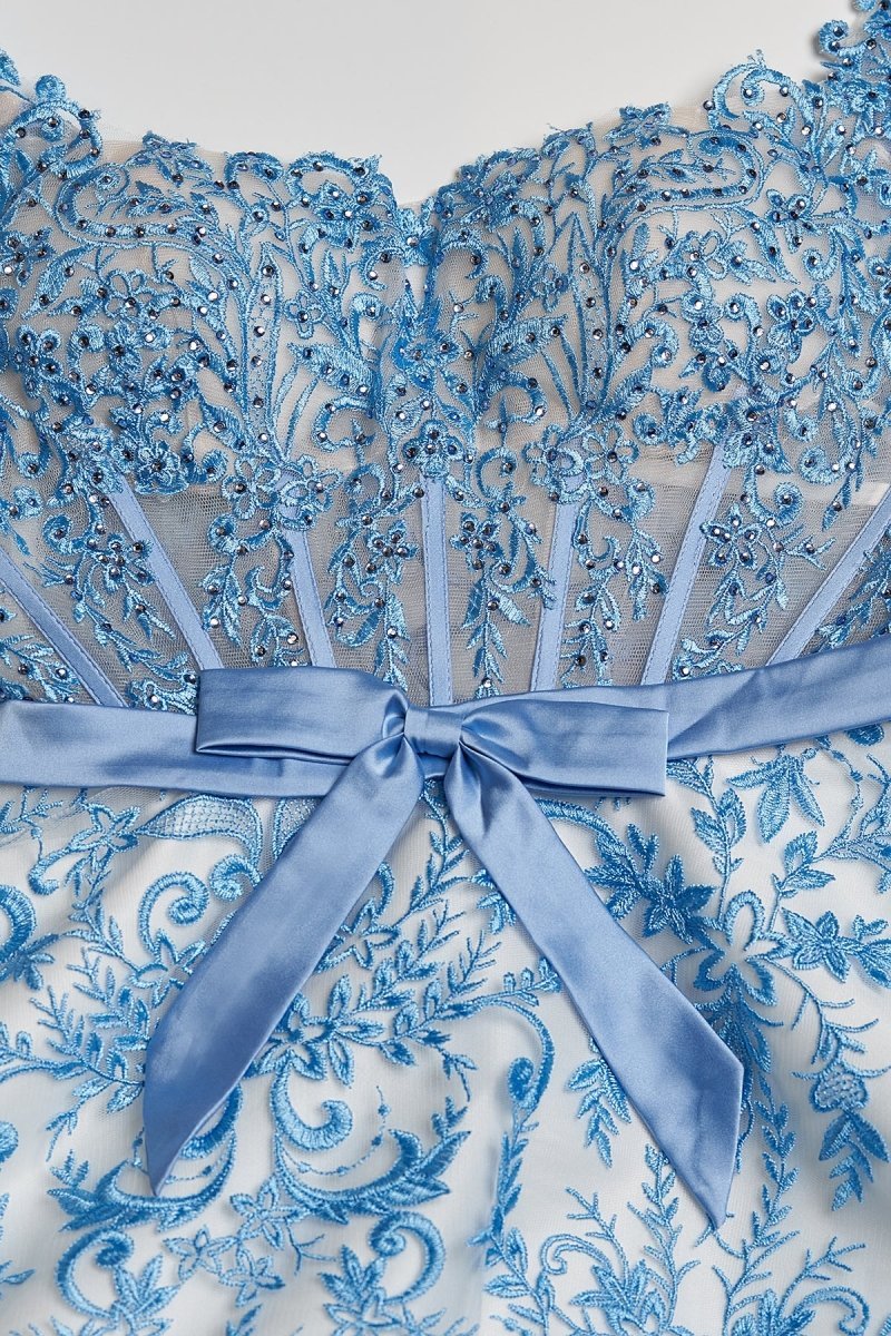 Blue Square Neck A Line Lace Beaded Wedding Guest Dress With Appliques - Curvevia