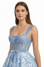 Blue Square Neck A Line Lace Beaded Wedding Guest Dress With Appliques - Curvevia