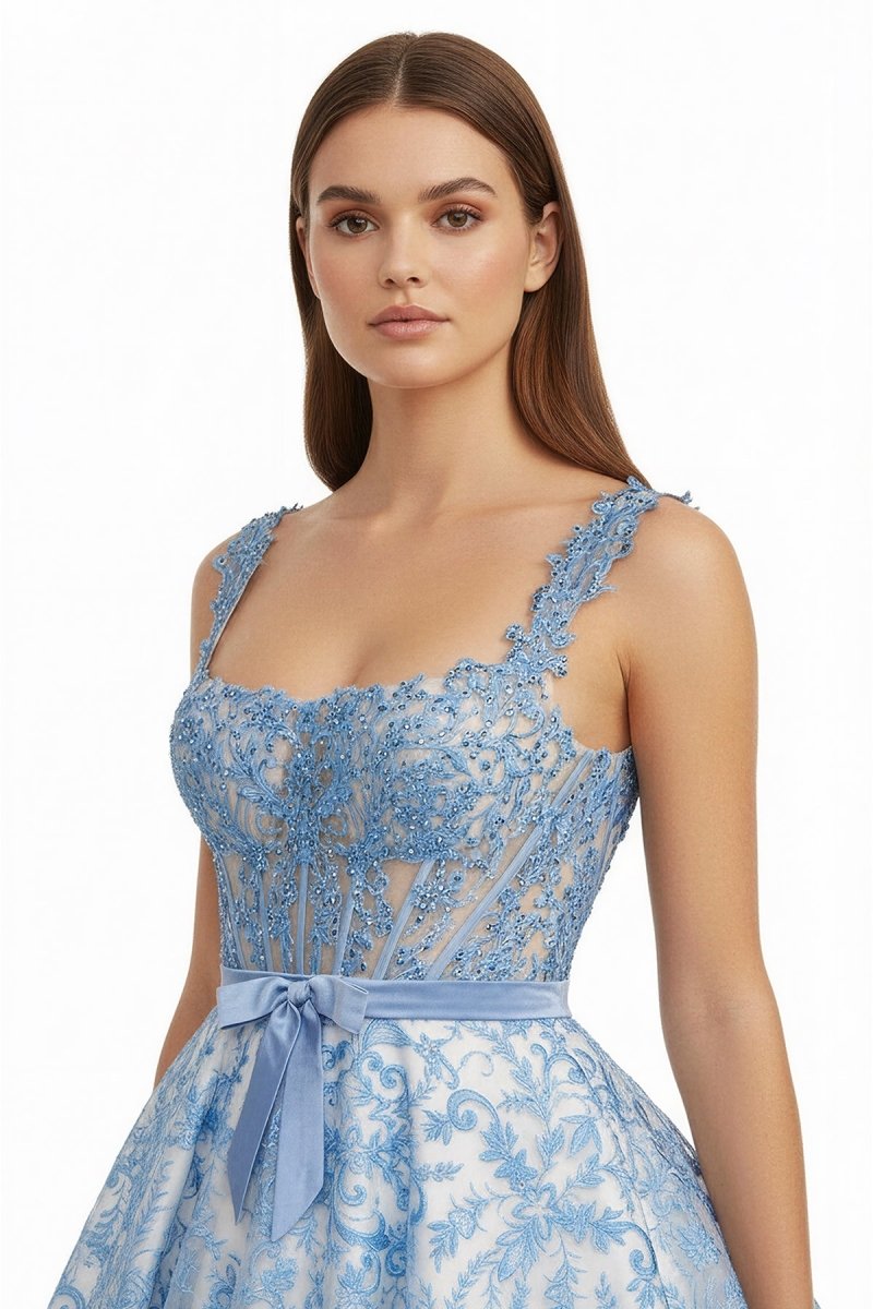 Blue Square Neck A Line Lace Beaded Wedding Guest Dress With Appliques - Curvevia
