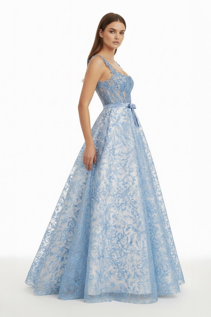 Blue Square Neck A Line Lace Beaded Wedding Guest Dress With Appliques - Curvevia